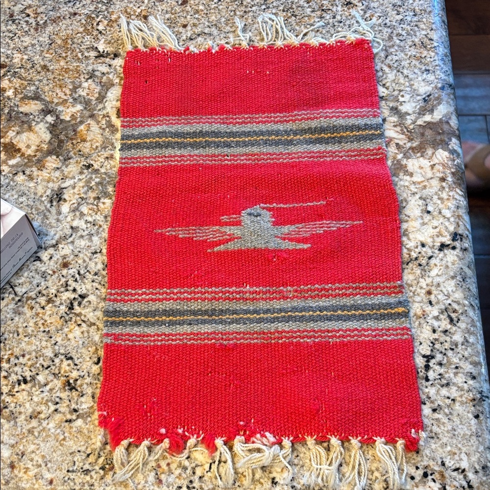 Red chimayo wool Woven Table Runner with ThunderBird Design as is